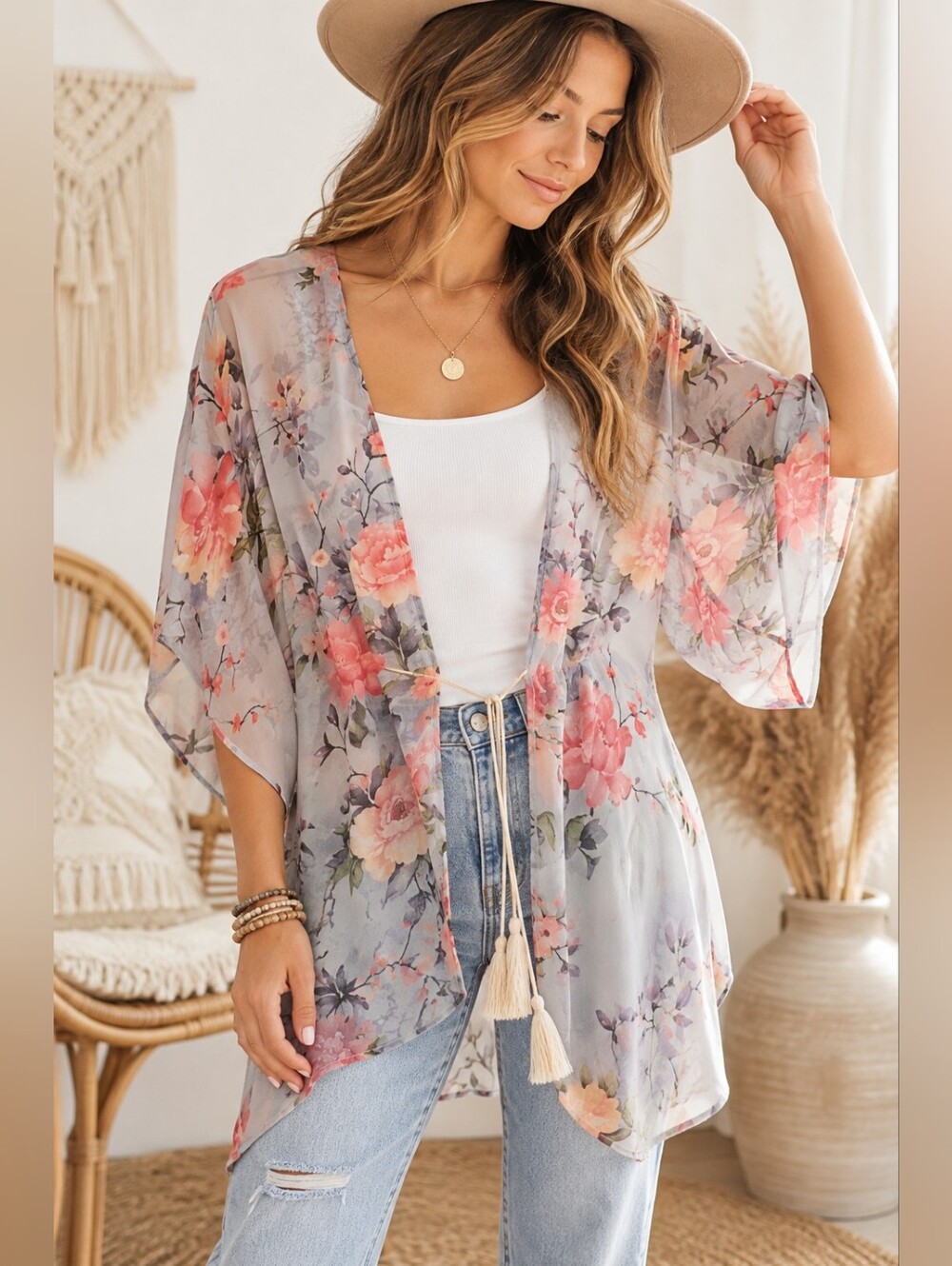 Honey Belle Small Sheer Floral Kimono Cardigan Gray Pink Boho Tie Front
